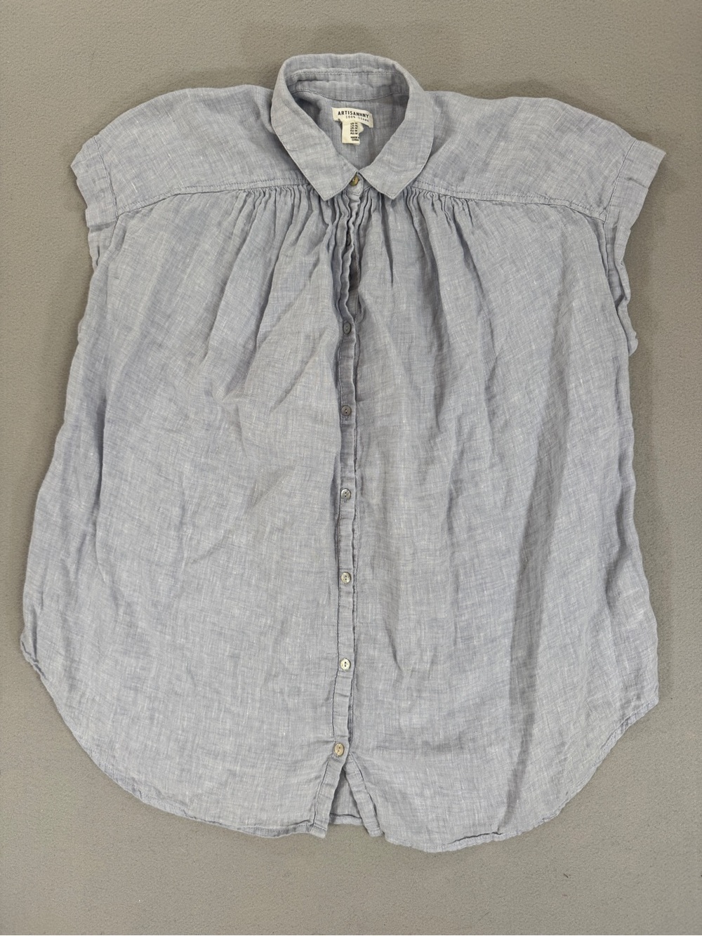 Artisan NY 100% Linen Button Front Blouse Light Blue Gathered Cap Sleeve Summer